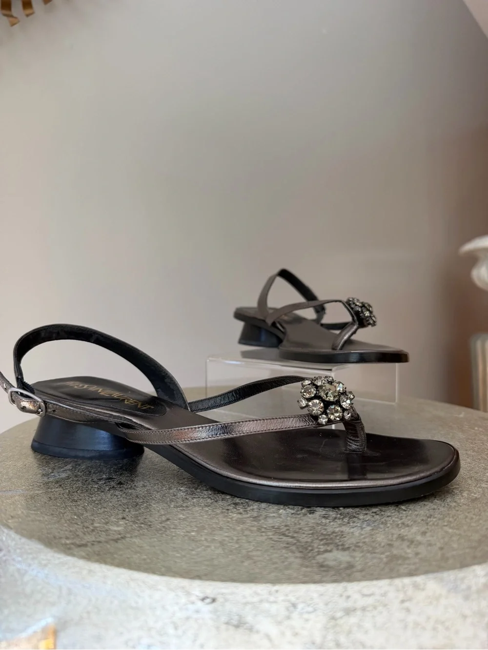 Yves Saint Laurent Black Jeweled T-Strap Slingback Sandals - Picture 4 of 7